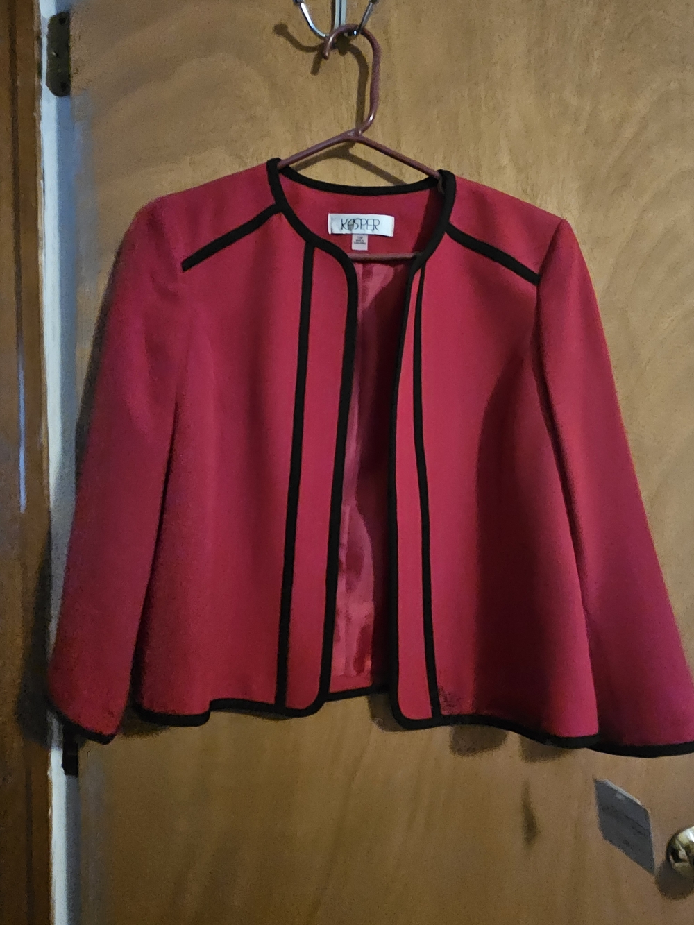Kasper Red Collarless Jacket with Black Trim